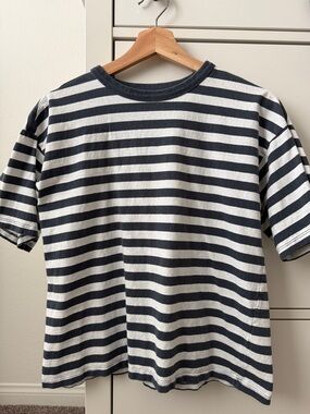 Blue and White Striped Crewneck Short Sleeve Shirt